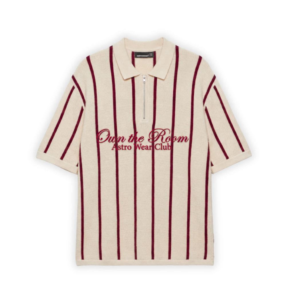 Cream&Burgundy Stripe Zip Polo