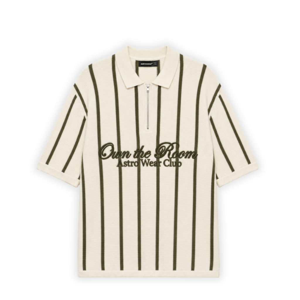 Cream & Olive Stripe Zip Polo