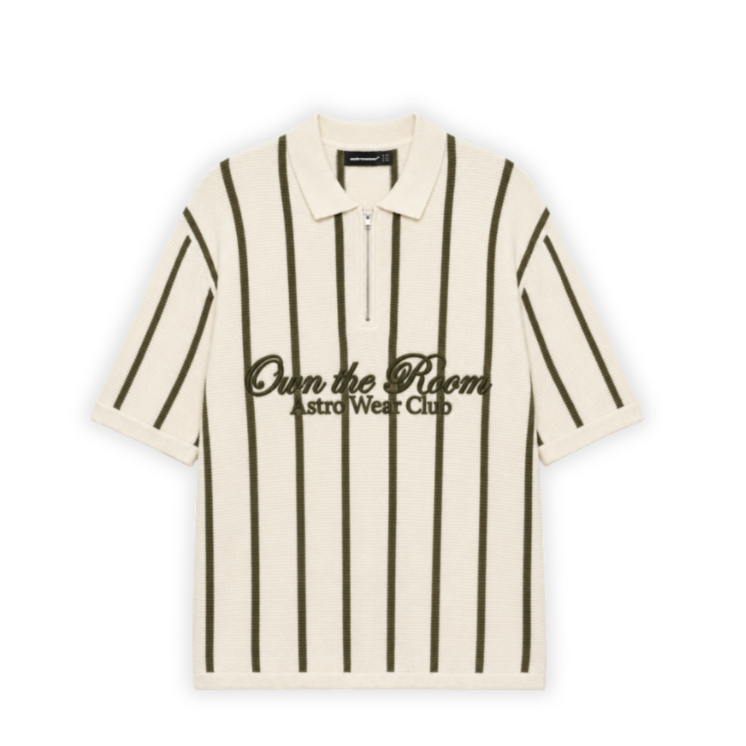 Cream & Olive Stripe Zip Polo