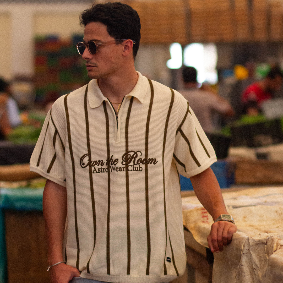 Cream & Olive Stripe Zip Polo